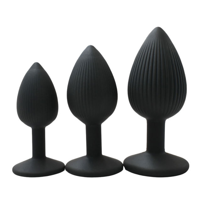 Ribbed Texture Black Silicone Anal Plug Training Kit (3 Sizes)