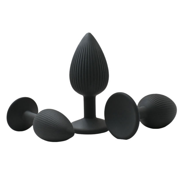 Ribbed Texture Black Silicone Anal Plug Training Kit (3 Sizes)