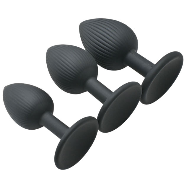 Ribbed Texture Black Silicone Anal Plug Training Kit (3 Sizes)