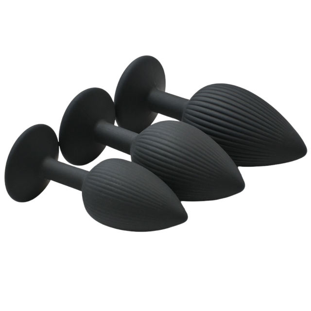 Ribbed Texture Black Silicone Anal Plug Training Kit (3 Sizes)