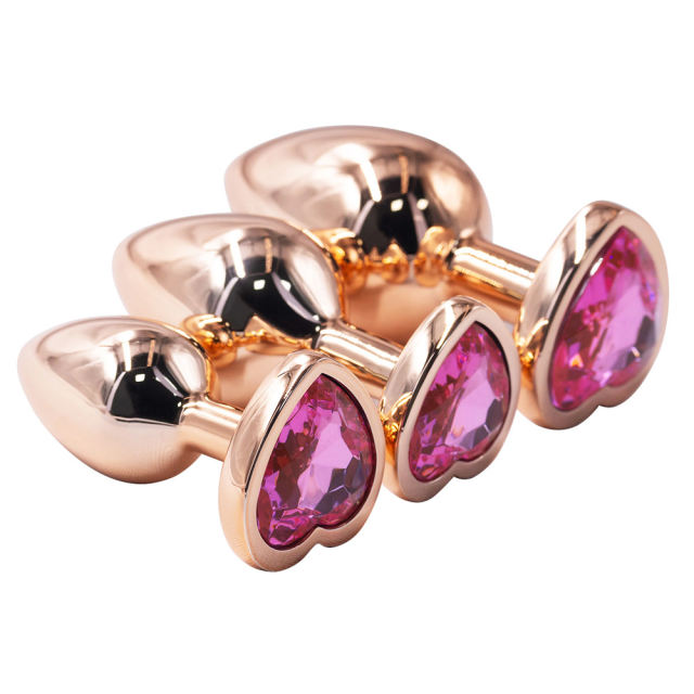 Rose Gold Metal Anal Plug Set (3 Sizes) with Heart-Shaped Pink Gem Base