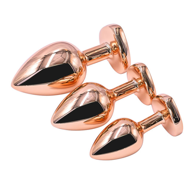 Rose Gold Metal Anal Plug Set (3 Sizes) with Heart-Shaped Pink Gem Base