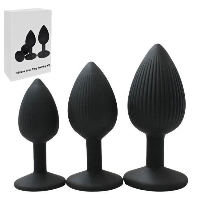 Ribbed Texture Black Silicone Anal Plug Training Kit (3 Sizes)
