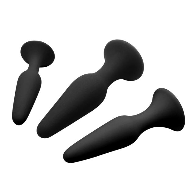 Black Silicone Anal Plug Training Set (3 Sizes) – Tapered Design and Flared Safety Base