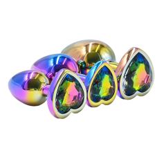 Rainbow Metal Anal Plug Set (3 Sizes) with Heart-Shaped Gem Base