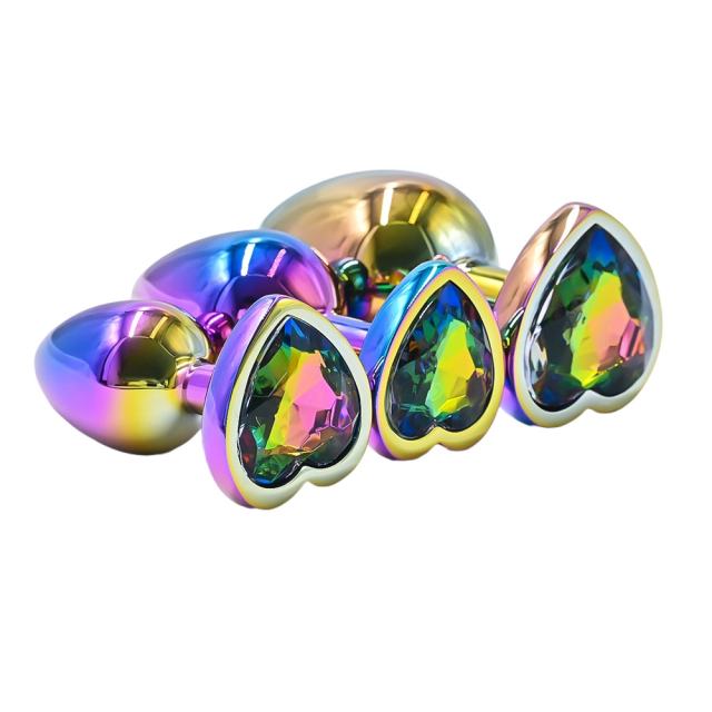 Rainbow Metal Anal Plug Set (3 Sizes) with Heart-Shaped Gem Base