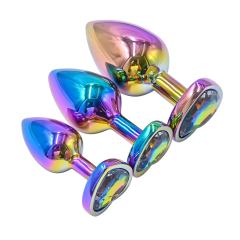 Rainbow Metal Anal Plug Set (3 Sizes) with Heart-Shaped Gem Base