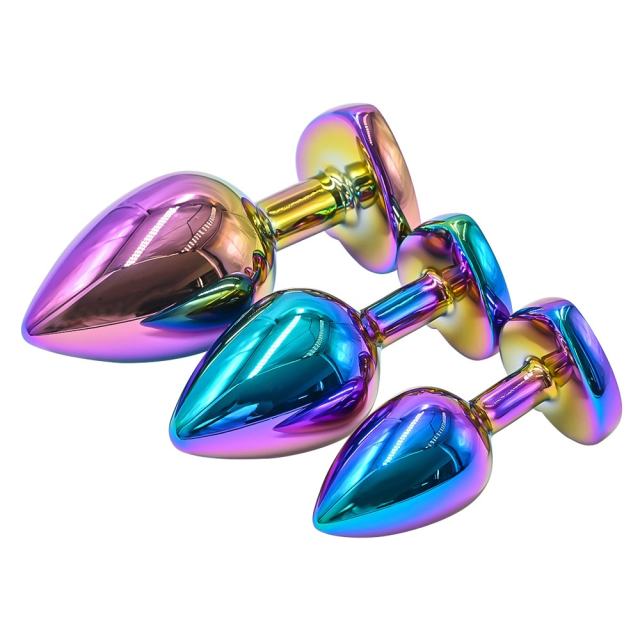 Rainbow Metal Anal Plug Set (3 Sizes) with Heart-Shaped Gem Base
