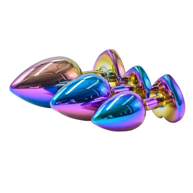 Rainbow Metal Anal Plug Set (3 Sizes) with Heart-Shaped Gem Base