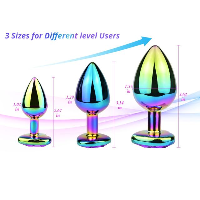 Rainbow Metal Anal Plug Set (3 Sizes) with Heart-Shaped Gem Base