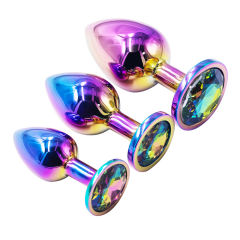 Rainbow Metal Anal Plug Set (3 Sizes) with Crystal Round Gem Base