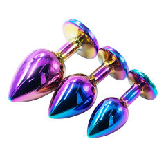 Rainbow Metal Anal Plug Set (3 Sizes) with Crystal Round Gem Base