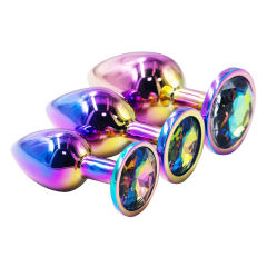 Rainbow Metal Anal Plug Set (3 Sizes) with Crystal Round Gem Base