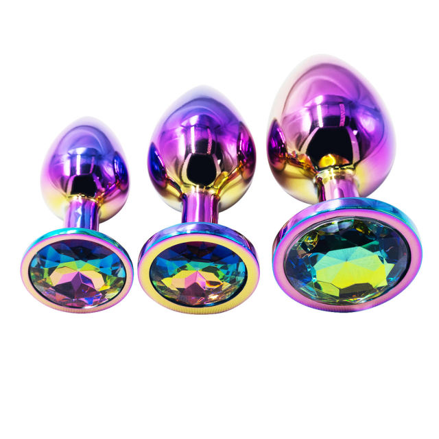 Rainbow Metal Anal Plug Set (3 Sizes) with Crystal Round Gem Base