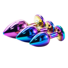 Rainbow Metal Anal Plug Set (3 Sizes) with Crystal Round Gem Base