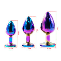 Rainbow Metal Anal Plug Set (3 Sizes) with Crystal Round Gem Base