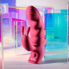7-Mode Magenta Rechargeable Silicone Finger Vibrator with Rabbit Ears