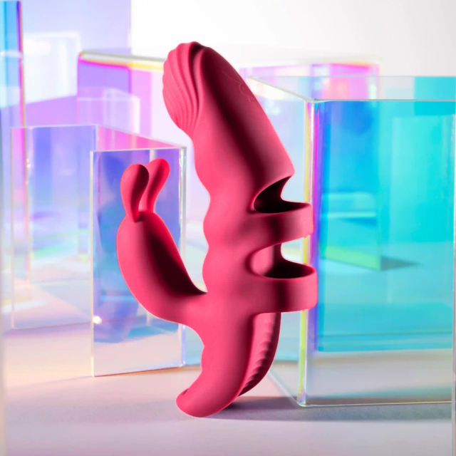 7-Mode Magenta Rechargeable Silicone Finger Vibrator with Rabbit Ears