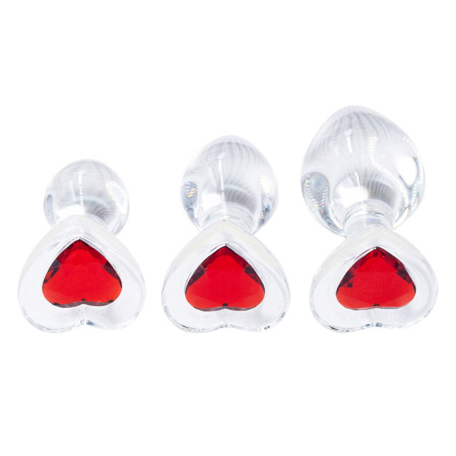 Clear Glass Anal Plug Set (3 Sizes) with Heart-Shaped Red Gem Base