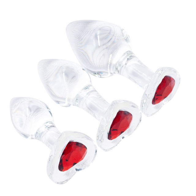 Clear Glass Anal Plug Set (3 Sizes) with Heart-Shaped Red Gem Base