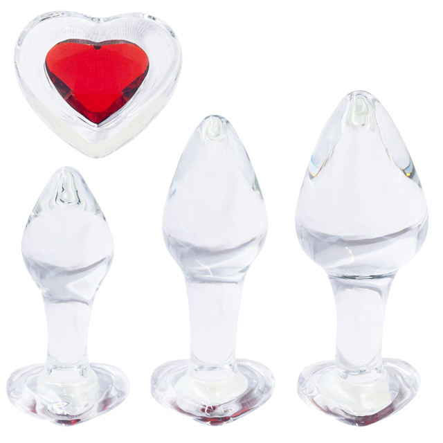 Clear Glass Anal Plug Set (3 Sizes) with Heart-Shaped Red Gem Base
