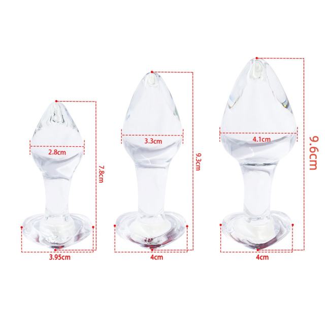 Clear Glass Anal Plug Set (3 Sizes) with Heart-Shaped Red Gem Base