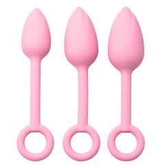 Pink Silicone Anal Plug Training Set (3 Sizes) with Ring Pull Handle and Tapered Tulip Head