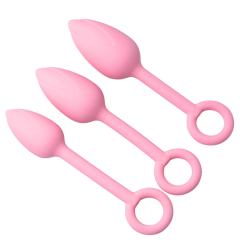 Pink Silicone Anal Plug Training Set (3 Sizes) with Ring Pull Handle and Tapered Tulip Head