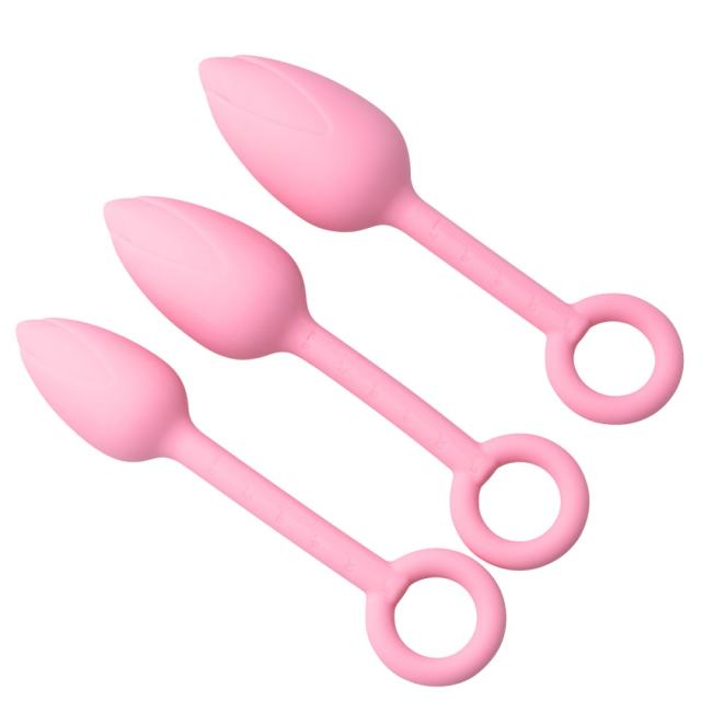 Pink Silicone Anal Plug Training Set (3 Sizes) with Ring Pull Handle and Tapered Tulip Head