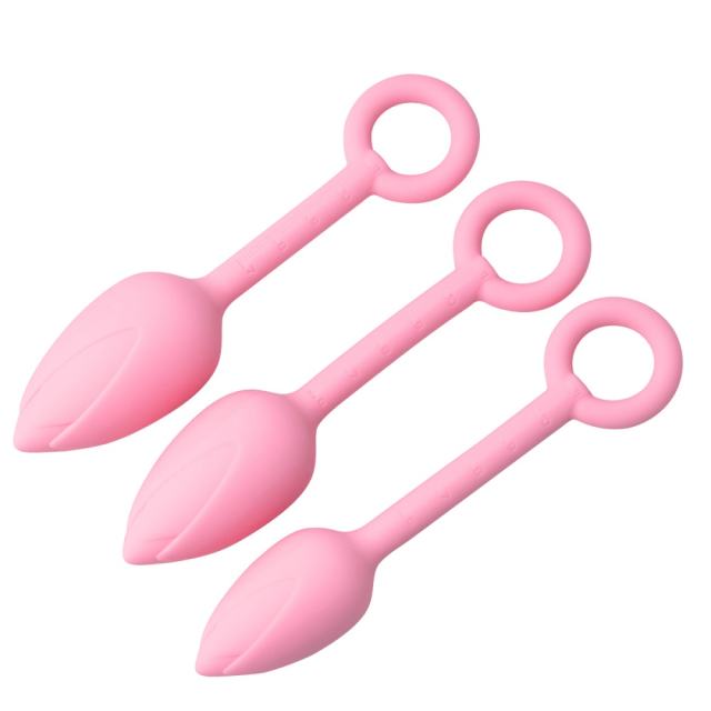 Pink Silicone Anal Plug Training Set (3 Sizes) with Ring Pull Handle and Tapered Tulip Head