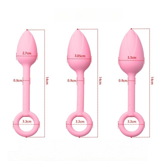 Pink Silicone Anal Plug Training Set (3 Sizes) with Ring Pull Handle and Tapered Tulip Head