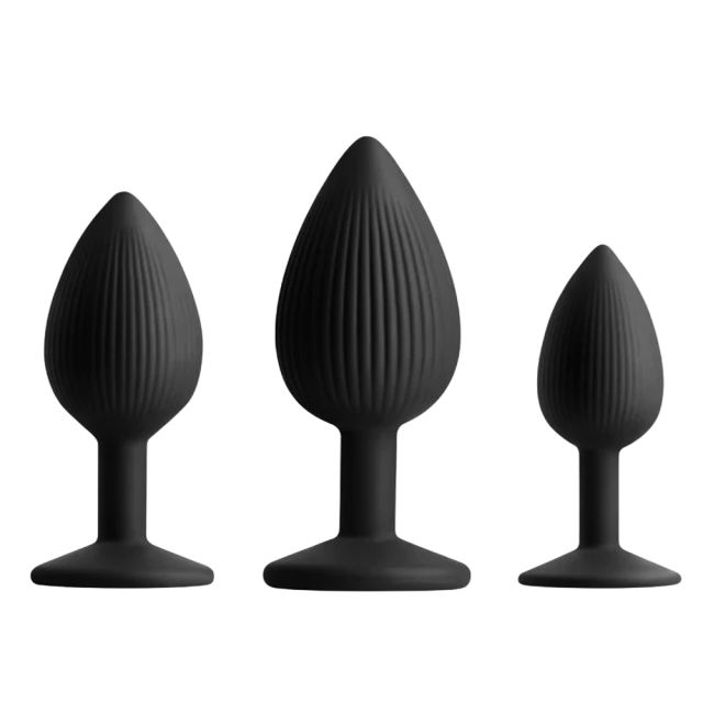 Ribbed Texture Black Silicone Anal Plug Training Kit (3 Sizes)