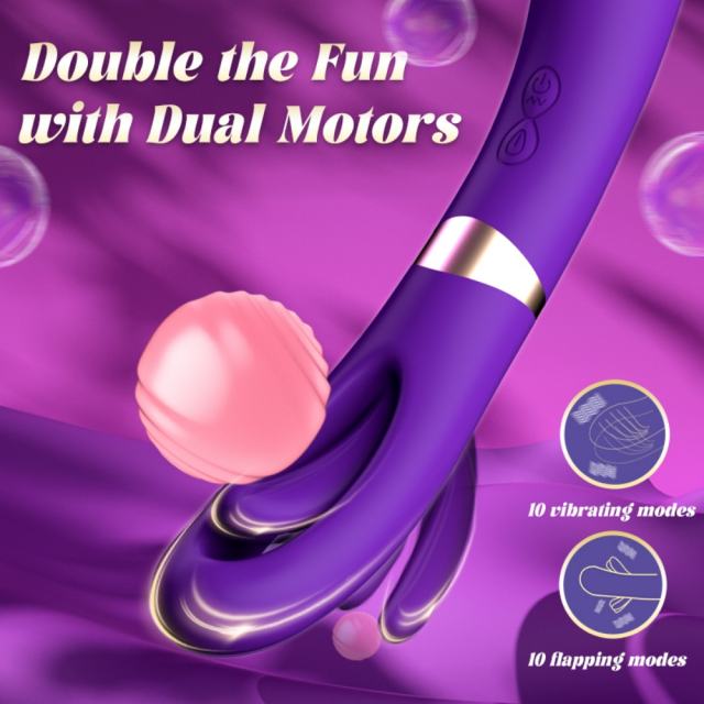 8.79 Inch 10-Mode Waterproof Rechargeable Purple Silicone Vibrator with Flapping Arm and Dual Stimulation