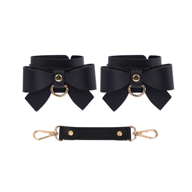 6-Piece Black & Red BDSM Bondage Kit with Bow Design – Collar, Ball Gag, Cuffs, Whip, Lead Chain