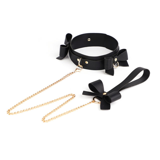 6-Piece Black & Red BDSM Bondage Kit with Bow Design – Collar, Ball Gag, Cuffs, Whip, Lead Chain