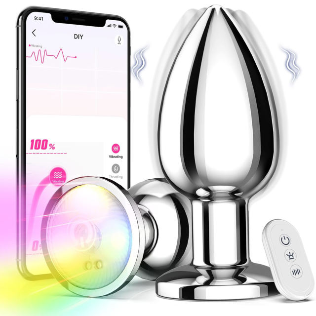 9 Modes App & Remote Controlled Silver Metal Vibrating Anal Plug with Light-Up Base - Rechargeable and Waterproof