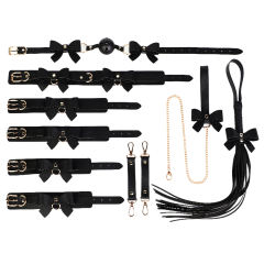 6-Piece Black & Red BDSM Bondage Kit with Bow Design – Collar, Ball Gag, Cuffs, Whip, Lead Chain
