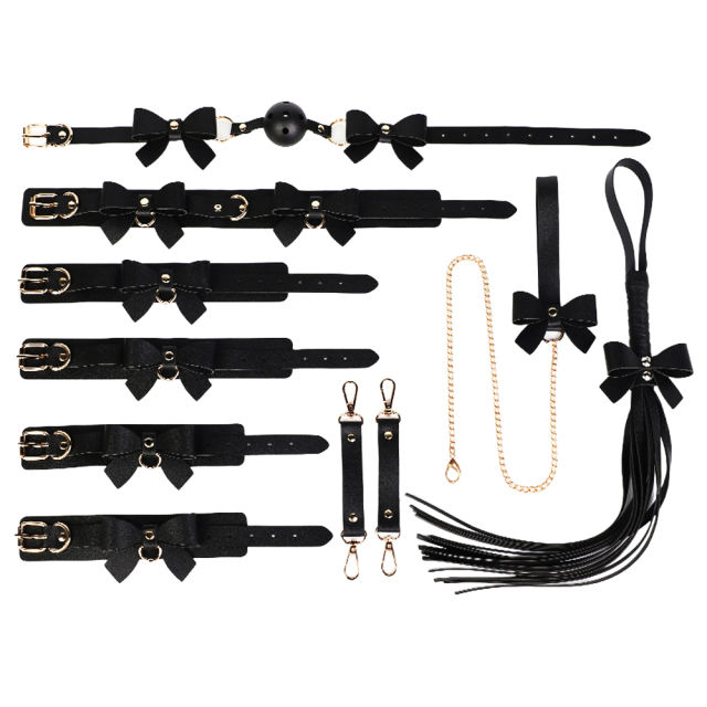 6-Piece Black & Red BDSM Bondage Kit with Bow Design – Collar, Ball Gag, Cuffs, Whip, Lead Chain