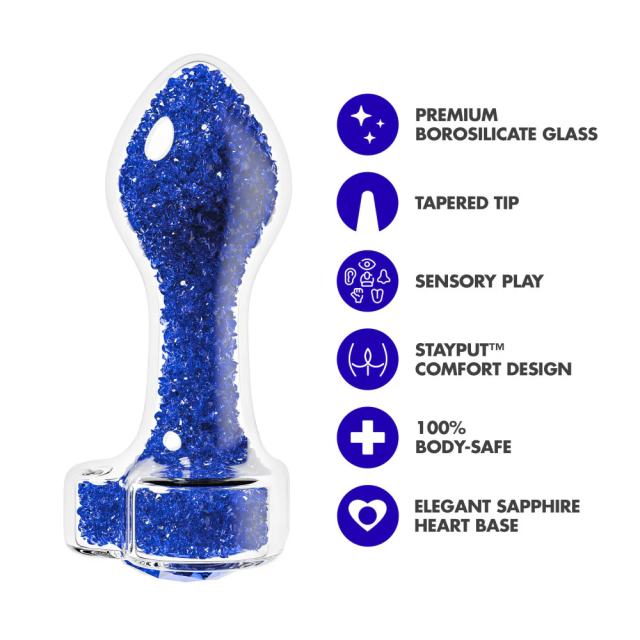 3.35'' Clear Glass Anal Plug with Blue Heart Gem – Tapered and StayPut Design