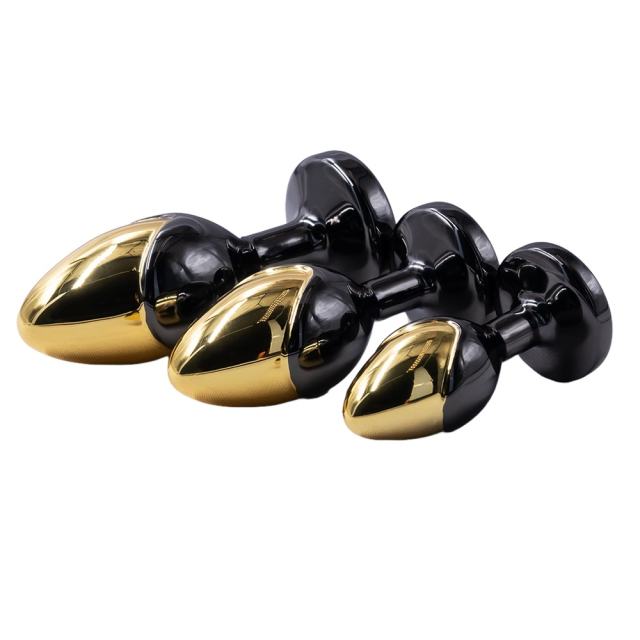 Black & Gold Metal Anal Plug Set (3 Sizes) with Green Crystal Gem Base