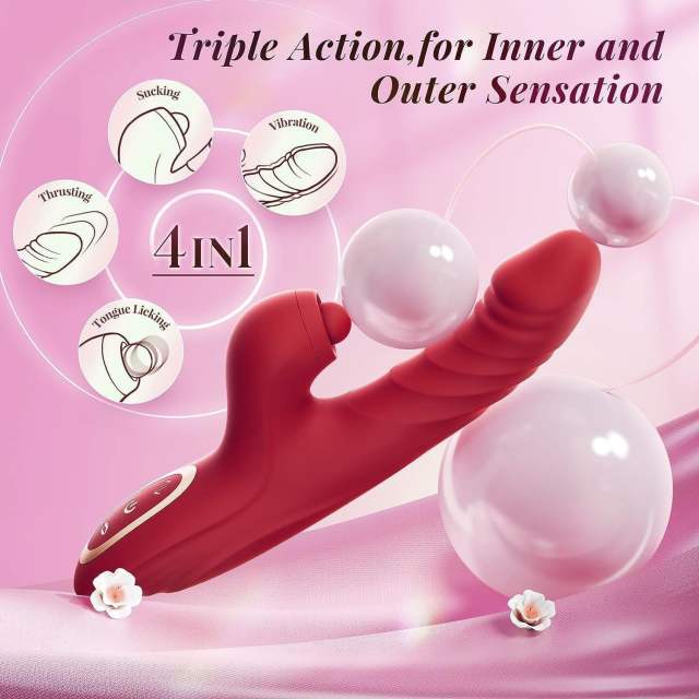 10-Speed Red Silicone Waterproof Rechargeable Vibrator with Tapping and Thrusting Functions