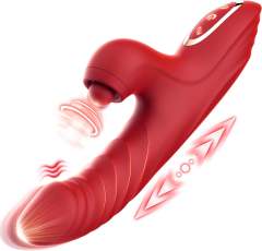 10-Speed Red Silicone Waterproof Rechargeable Vibrator with Tapping and Thrusting Functions