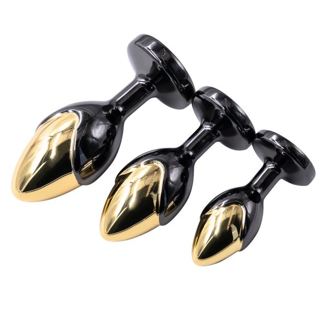 Black & Gold Metal Anal Plug Set (3 Sizes) with Green Crystal Gem Base