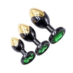 Black & Gold Metal Anal Plug Set (3 Sizes) with Green Crystal Gem Base