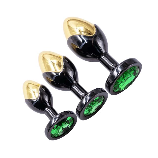 Black & Gold Metal Anal Plug Set (3 Sizes) with Green Crystal Gem Base