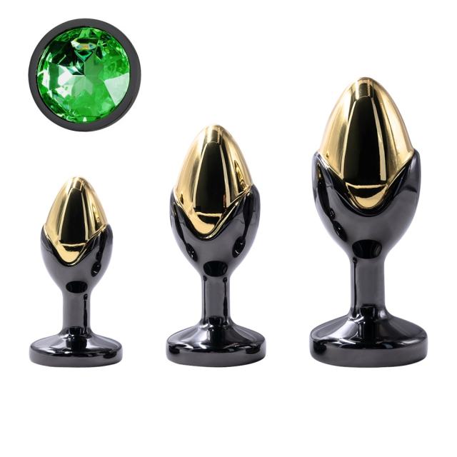 Black & Gold Metal Anal Plug Set (3 Sizes) with Green Crystal Gem Base