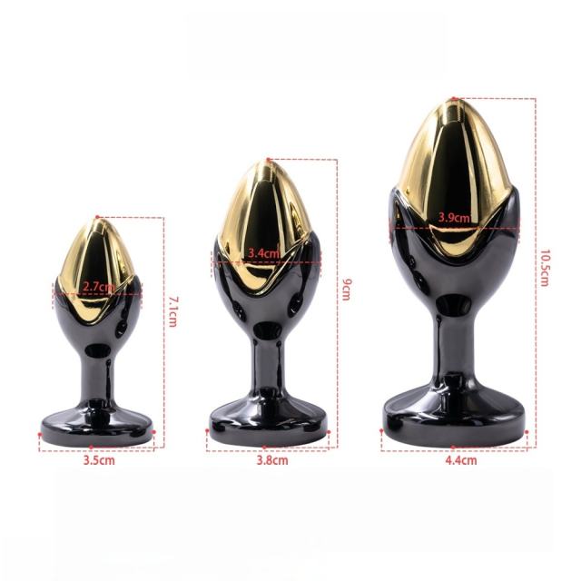 Black & Gold Metal Anal Plug Set (3 Sizes) with Green Crystal Gem Base
