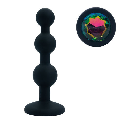 Black Silicone Beaded Anal Plug with Rainbow Crystal Gem Base