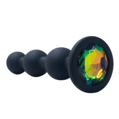 Black Silicone Beaded Anal Plug with Rainbow Crystal Gem Base