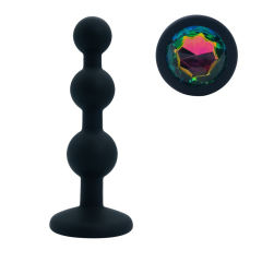 Black Silicone Beaded Anal Plug with Rainbow Crystal Gem Base